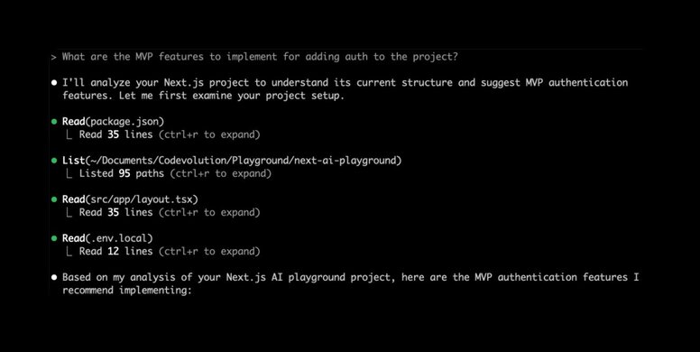 Terminal analyzing Next.js project and listing MVP authentication features after reading several files.