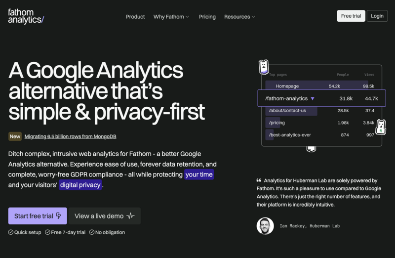 Fathom Analytics homepage featuring the brand name and logo, a prominent headline about being a simple and privacy-first alternative to Google Analytics, and a dashboard preview showing a list of top pages with their respective visitor counts and views.