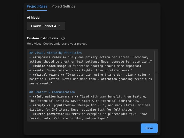 Screenshot of a project settings interface showing Claude Sonnet 4 AI model configuration with custom instructions for Visual Hierarchy Principles and Content & Communication guidelines.
