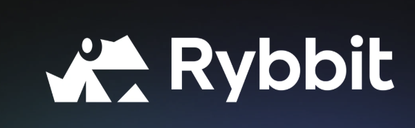 Rybbit logo, featuring a minimalist white frog head icon composed of three triangles and a circle on a dark blue-gray background, followed by the word "Rybbit" in bold white text.