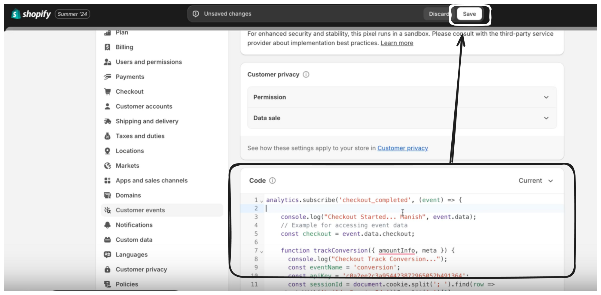 Screenshot of the Customer events section in the Shopify Admin section with the Code panel and Save button circled.