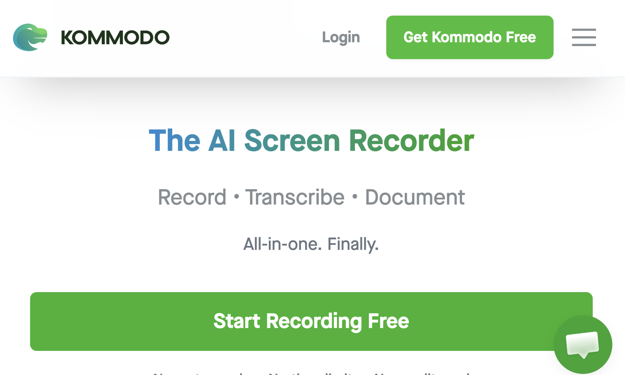 Kommodo website header featuring the company name in a bold, sans-serif font next to a green-to-blue gradient dragon head logo, with a Login link and a Get Kommodo Free call-to-action button, over a headline announcing it as an AI screen recorder for recording, transcribing, and documenting.