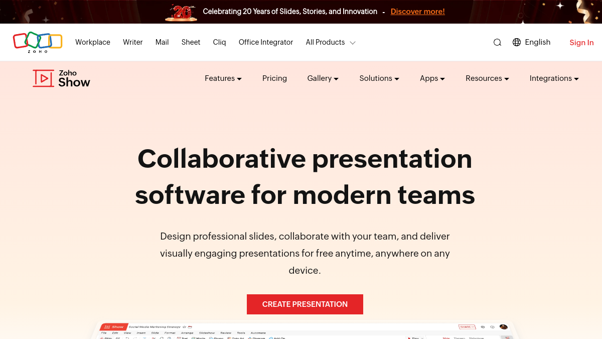 Zoho Show presentation editor and collaborative slide workspace