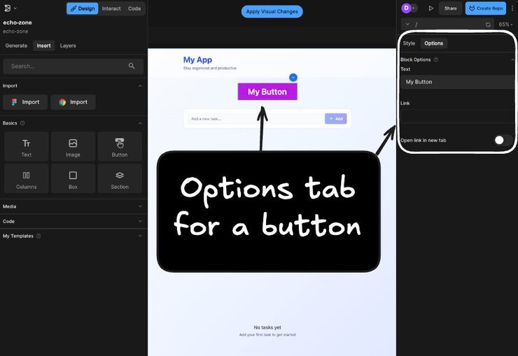 The Options tab is selected in the Visual Editor. A placard reads “Options tab for a button,” and an arrow points to the Options tab while one points to a selected button.