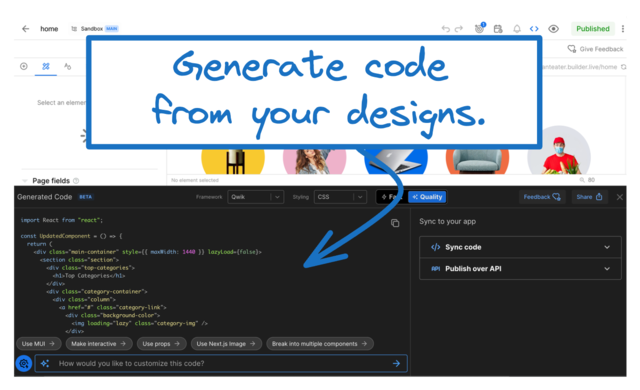 Image of Generated code panel in the Visual Editor. A caption reads "Generate code from your designs."