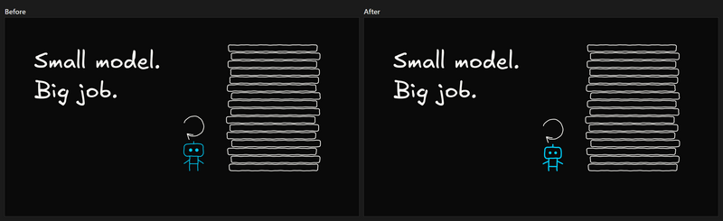 The same hero, "Small model. Big job.", before and after the skill update. After, the cyan robot beside the stack of work is drawn heavier than the rest of the line art.