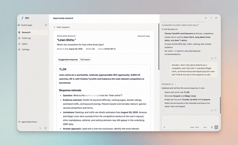 The SEO research app interface displaying generated results for linen shirt competition, including a summary, methodology, and an interactive chat sidebar for refining the report.