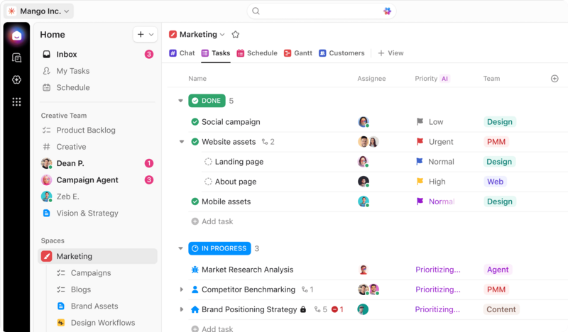 ClickUp project workspace with grouped tasks and assignees