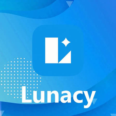 Lunacy logo featuring a white stylized letter L with a four-pointed star on a vibrant blue gradient background with a subtle dot pattern.