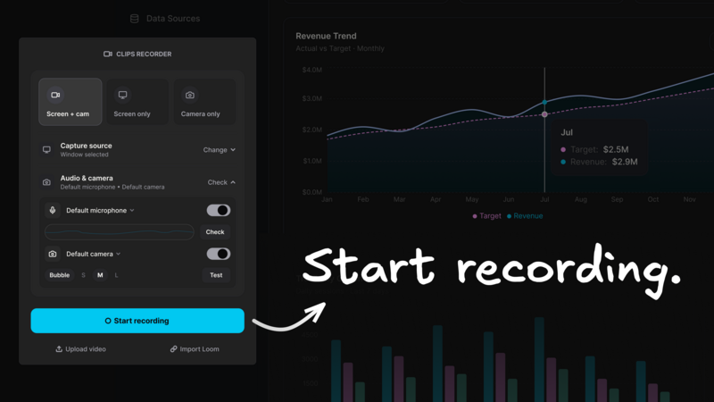 The Agent-Native Clips recorder interface displays settings for screen and camera capture, microphone selection, and an active "Start recording" button overlaid on a dashboard revenue trend chart.