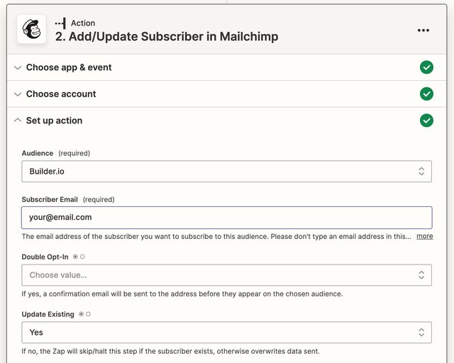 Screenshot of Set Up Action section of Mailchimp dialogue that shows where you enter your Mailchimp account info.