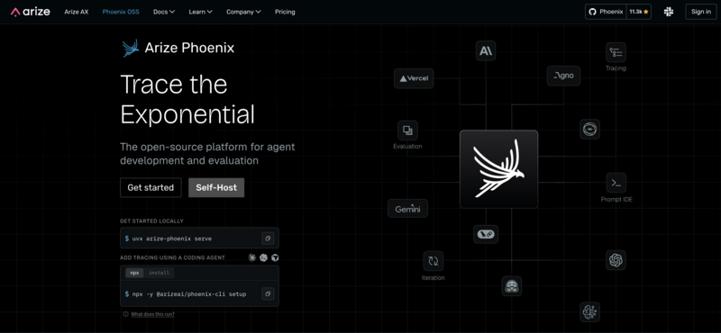 Arize Phoenix landing page showing the product name, a call-to-action to get started or self-host, and a dark-mode interactive background graphic featuring a bird icon linked to various integration logos including Vercel, Gemini, and OpenAI.