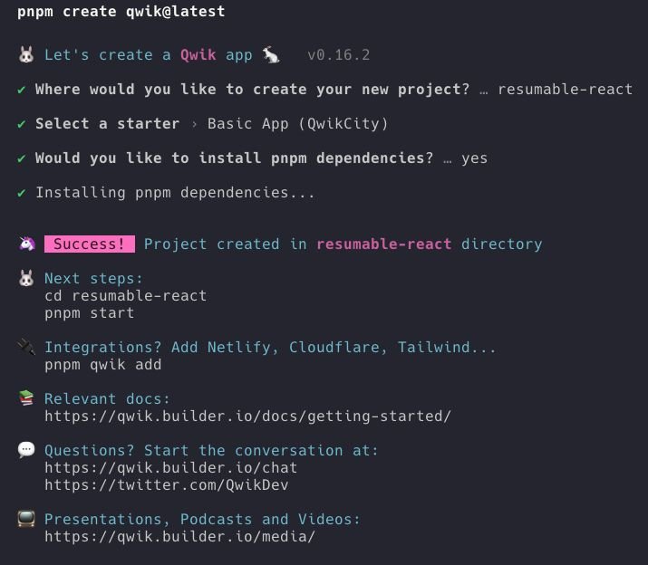 a screenshot showing the CLI output of creating a new Qwik app.