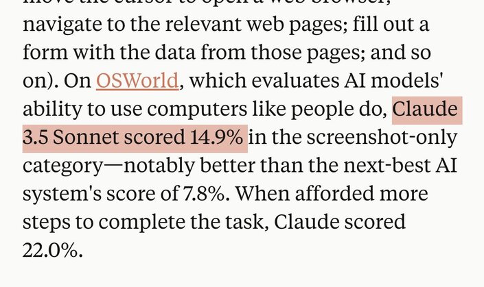 Screenshot of Anthropic's Claude computer use with "Claude 3.5 Sonnet scored 14.9%" highlighted