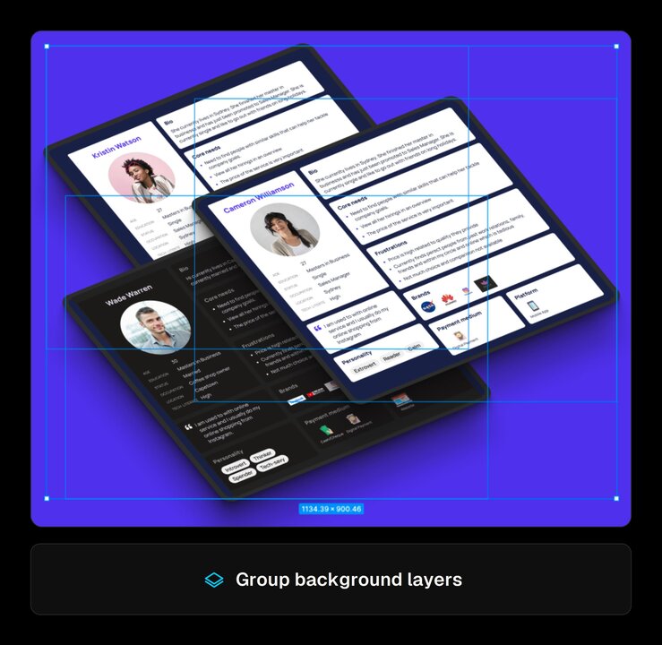 A Figma snapshot showing three persona card layers selected and grouped together on a blue canvas, with a placard beneath labeled "Group background layers."