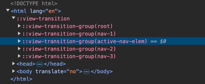 View transition pseudo-lements highlight in DevTools. The ::view-transition-group(active-nav-elem) is highlighted on third position.