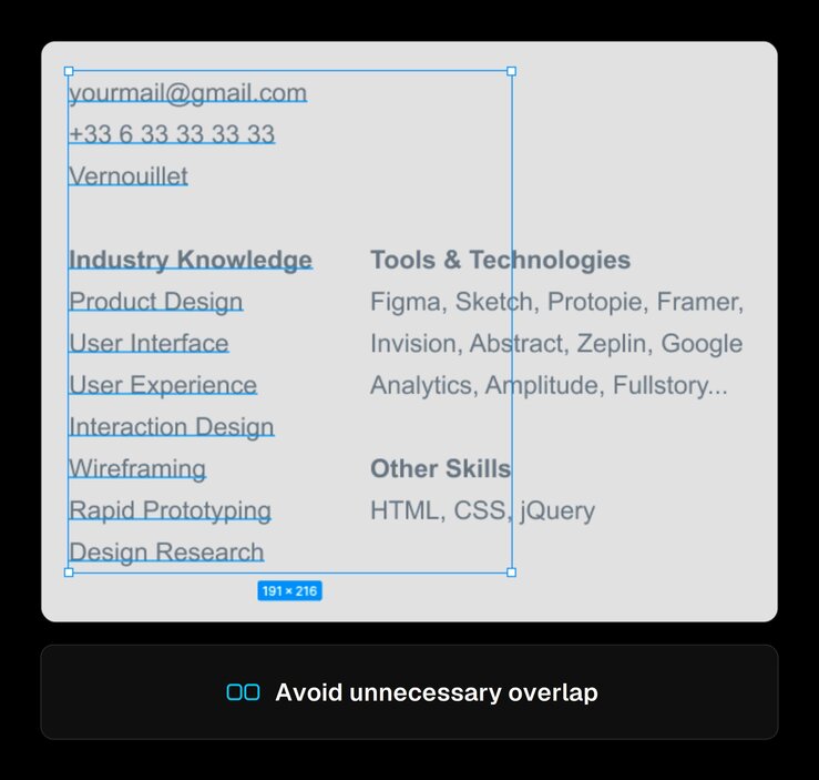 A Figma snapshot of a two-column resume text layout with a selection box overlapping the adjacent column, beside a placard reading "Avoid unnecessary overlap."