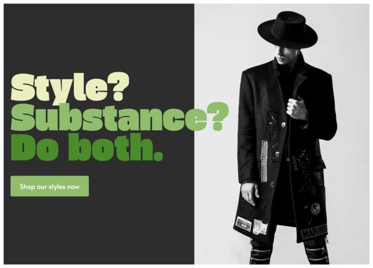Marketing callout that says "Style? Substance? Do both" on the left with a button reading "Shop our styles now;" on the right a black and white photo of a stylish looking man with a large jacket with several patches on it.