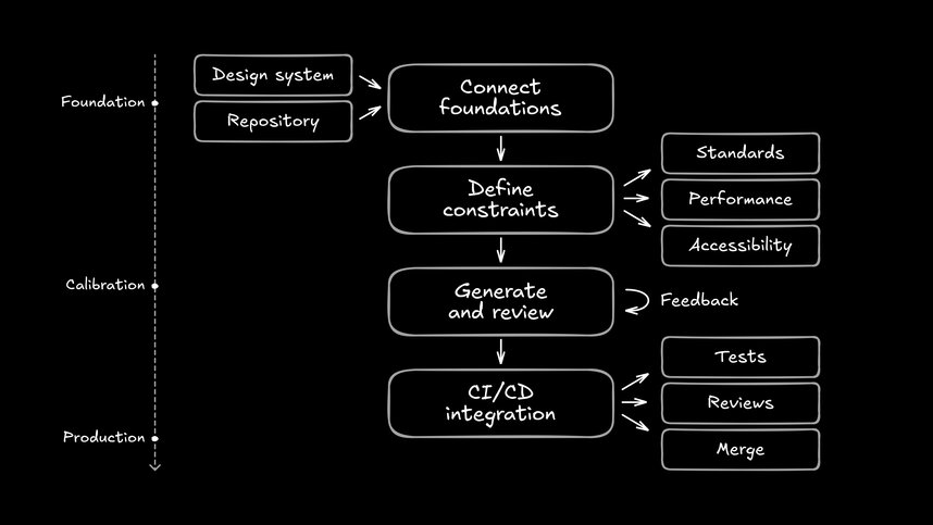 Implementation roadmap showing the four-step process. Step 1 "Connect Foundations" (showing Design System and Repository as inputs), Step 2 "Define Constraints" (showing Standards, Performance, Accessibility as sub-items), Step 3 "Generate & Review" (with a small feedback loop), and Step 4 "CI/CD Integration" (showing Tests, Reviews, Merge as outputs). Include checkpoints or milestones between steps. Add a progress indicator showing "Foundation → Calibration → Production" phases. This provides a clear visual roadmap for teams implementing agent workflows.