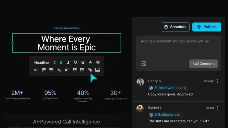 A content editor interface showing a headline being updated with text formatting tools and a sidebar with a collaboration thread, where a team member has approved the copy and a bot has requested an update to outdated statistics.