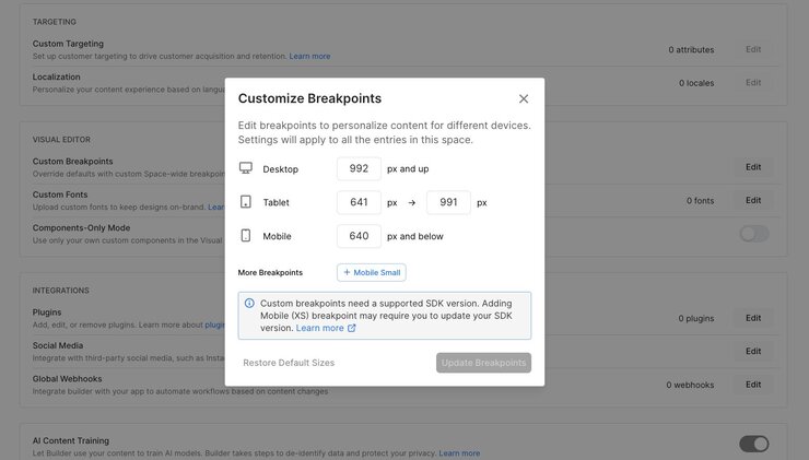 custom breakpoints menu that shows the "+ mobile small" button below other viewport breakpoints.