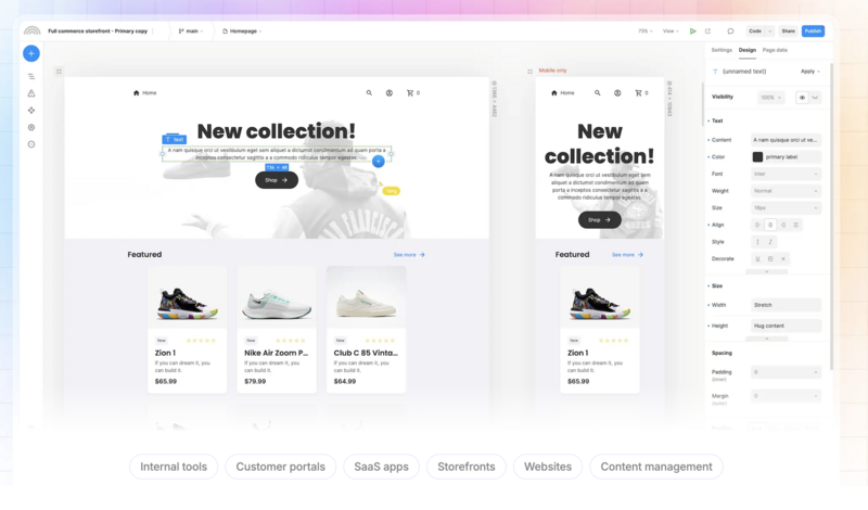 A split-screen view of the Agent Native Design web interface showing a responsive e-commerce storefront being edited. The desktop layout on the left features a product grid and hero section, while the right side displays a mobile viewport, with a sidebar on the far right containing design property controls for text, layout, and styling.