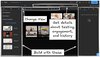 Screenshot of the Visual Editor with the areas pointed out and notes with arrows saying: Build with these (the Insert, Layers, AI, Options, Style, Animate, Data, Comments tabs). Another placard points out where to change the view (near the top at center and center-left), and the third note points out where to get details about testing engagement, and history (top center, above the options for changing the Visual Editor View).