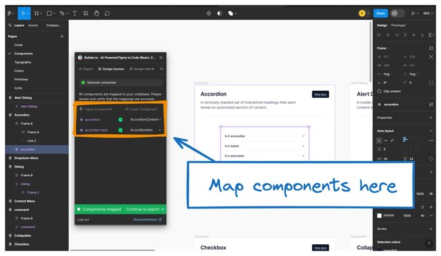 The Builder Figma plugin with the Design System tab open and the area where you map components.