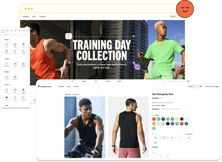 Fabletics Training Day Collection banner being edited in the Builder.io visual editor above a product detail page