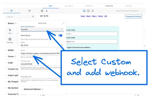 screenshot of Form Edit dialogue in Builder. The first field is where you select Custom and the Action field is where you paste the webhook from Zapier.