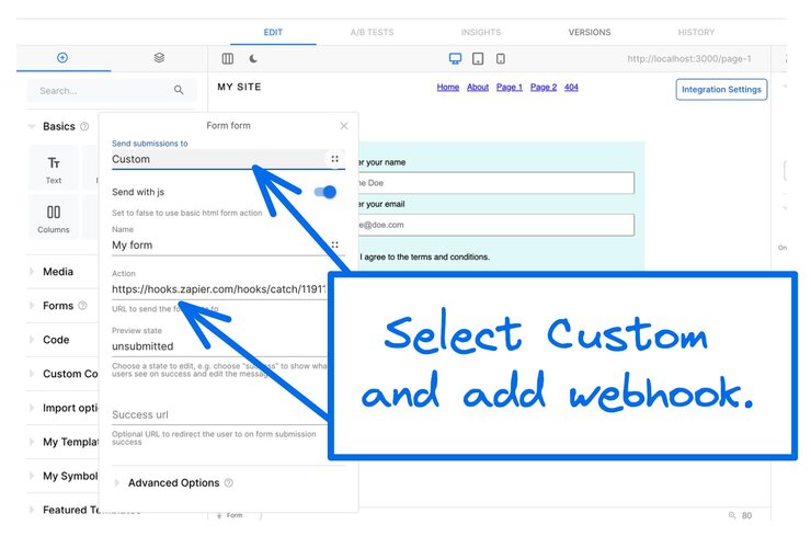 screenshot of Form Edit dialogue in Builder. The first field is where you select Custom and the Action field is where you paste the webhook from Zapier.