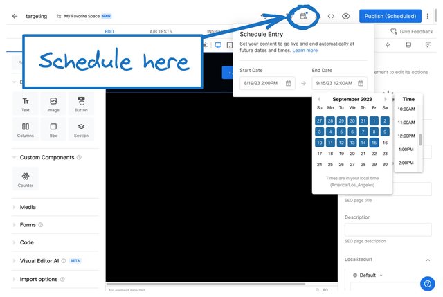 Screenshot of the Visual Editor with an arrow pointing to Scheduling icon in the upper right of the Visual Editor. The Schedule Entry dialogue is open with dates being selected. Upon scheduling, the Publish button has a parenthetical added to it that says "Scheduled".