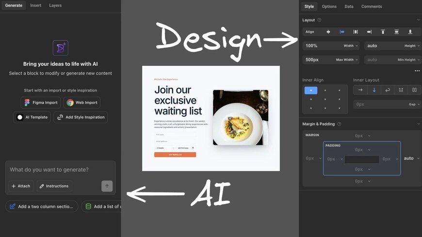 A screenshot of the Builder UI, showing that AI and visual editing can be combined to fit your vision perfectly.