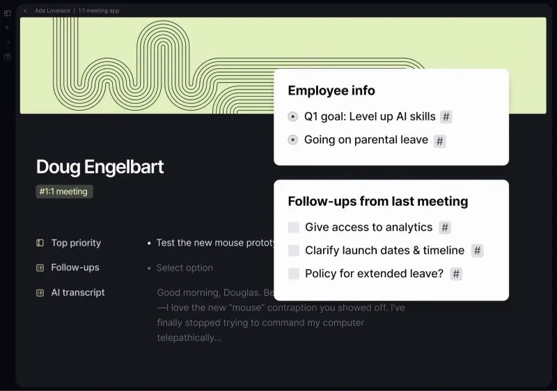 Tana Outliner meeting object with extracted follow-ups
