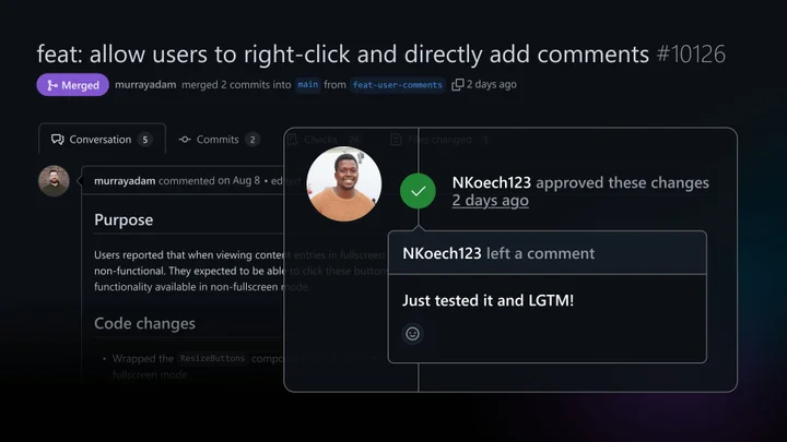 A merged pull request from a product manager, approved by an engineer with the comment "Just tested it and LGTM!"