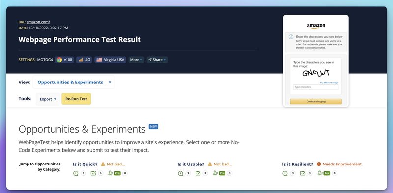 A screenshot from WebPageTest showing the results for Amazon.com. In it you can see the "opportunities & Experiments" section.