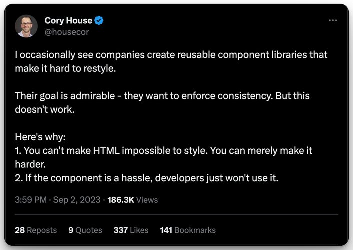 a screenshot of a Cory house post about component libraries on x.