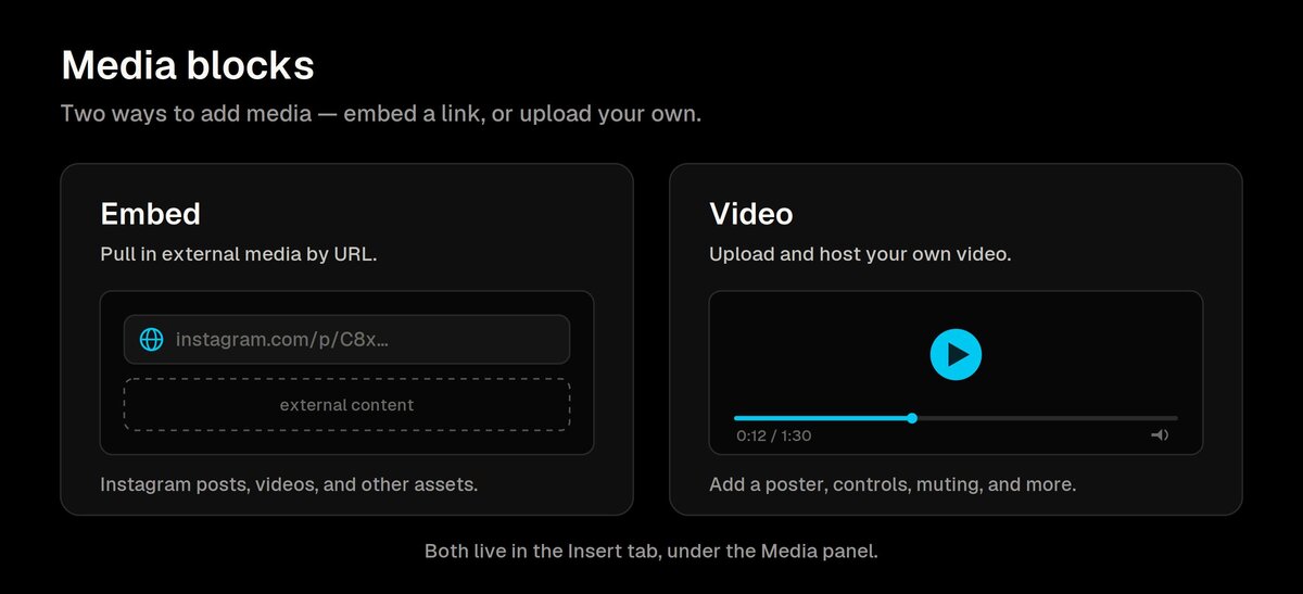 A side-by-side look at Builder's two media blocks. The Embed block pulls in external media by URL, shown as a link field with an Instagram address; the Video block uploads and hosts your own video, shown as a player with a play button and controls.
