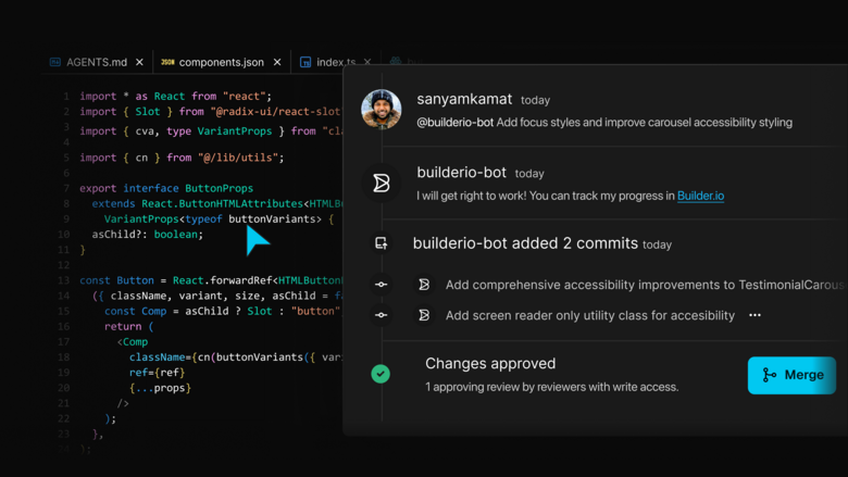 Code editor displaying a React button component next to a code review panel where a virtual assistant has requested and received approval for accessibility improvements.