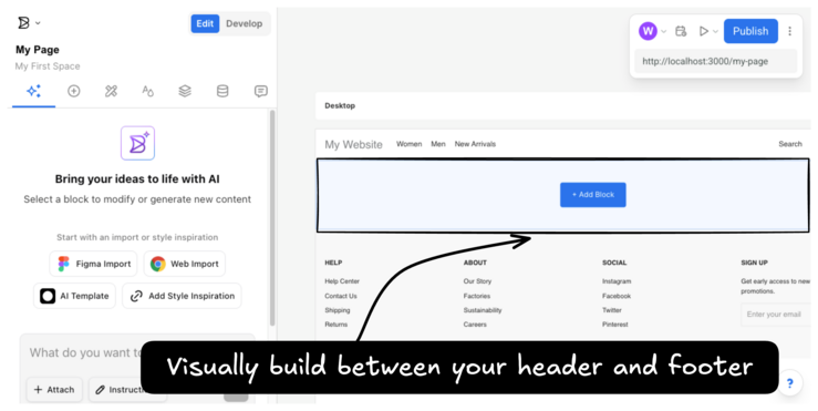 Screenshot of Visual Editor with Everlane header and a page ready for content to be dragged into.