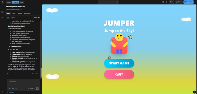A game main menu interface titled JUMPER featuring a yellow, blocky character flanked by floating stars, set against a blue and yellow sky with clouds and interactive buttons for starting or quitting the game.