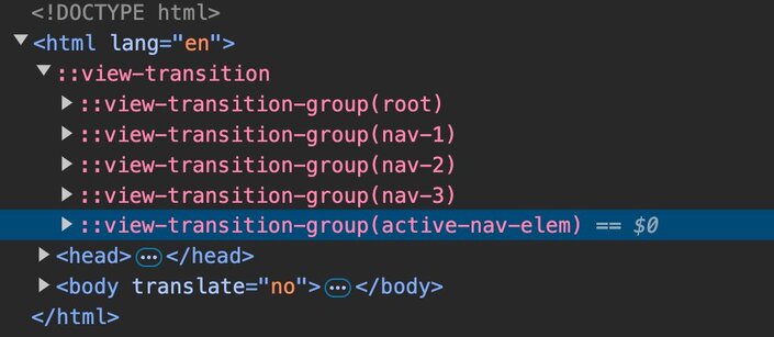 View transition pseudo-lements highlight in DevTools. The ::view-transition-group(active-nav-elem) is highlighted on last position.