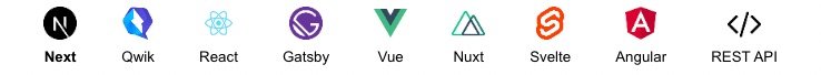 Web frameworks and libraries being displayed as logos including Next.js, Qwik, React, Gatsby, Vue, Nuxt, Svelte, Angular and Rest API.