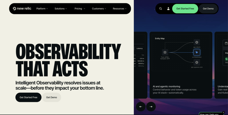 New Relic landing page featuring the headline "Observability That Acts," call-to-action buttons for getting started or a demo, and an entity map visualization showing an AI-powered service architecture.