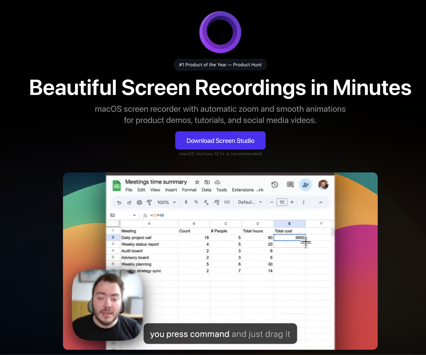 Screen Studio landing page showing a large, circular, dark-purple abstract gradient logo and a download button above an embedded video demonstration. The video displays a spreadsheet with a man’s face in a circular picture-in-picture window in the bottom-left corner and the caption, "you press command and just drag it" at the bottom center.