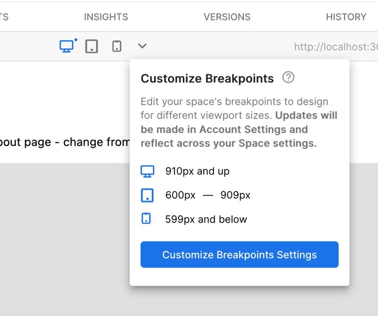 Screenshot of Customize Breakpoints panel in the Visual Editor.