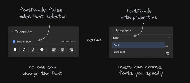 Image with a comparison of using font family false which hides the font select under the typography section of the style tab in the Visual Editor. That means that no one can change the font because they can't get to a select for it. This compares to another image on the right, which is the typography section with two options for font selection that are showing. These show because it is specified in the font family property of the design tokens object. When you specify fonts, users can choose the fonts that you have specified.
