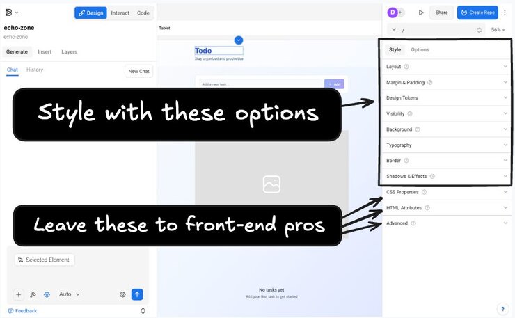 Image of the Style Tab that advises the user to, "Style with these options: Layout, Visibility, Background, Typography, Margin & Padding, Border, and Shadows & effects. Then, a second note states that the last three sections, CSS Properties, HTML Attributes, and Advanced, are best left to front-end pros. 