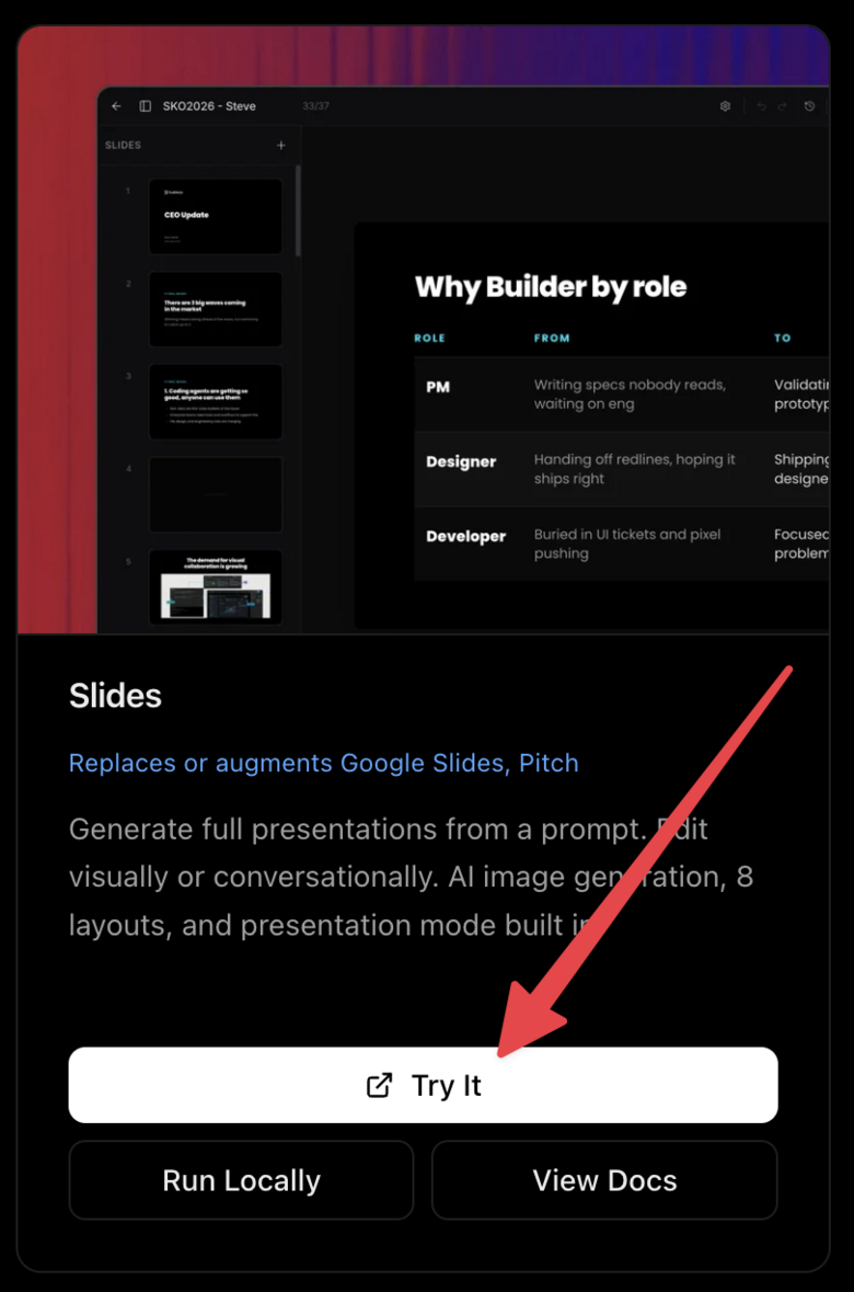 The Agent Native Slides interface featuring a slide editor showing a presentation about builder roles, with a Try It button highlighted by a large red arrow below the application description.