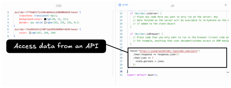 Modal from clicking the button within the code panel which displays CSS on one side and JS on the other; a JavaScript request is made and the result is assigned to "state.persons" and is highlighted with the text "Access data from an API."